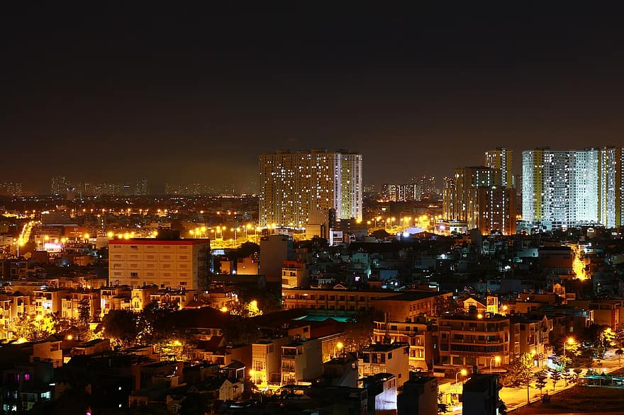サイゴン、シティ、夜、街並み、ホーチミン市、ベトナム、スカイライン、高層ビル、建物、都市、ライト