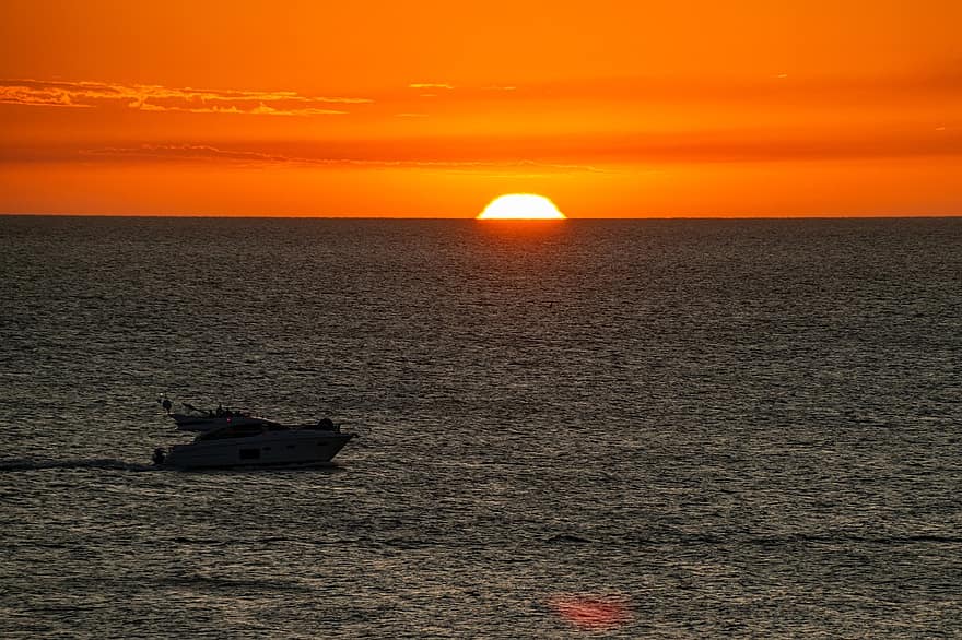 захід сонця, море, корабель, сутінки, човен, горизонт