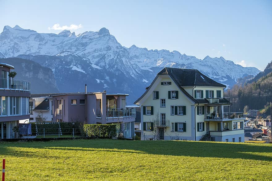 Швейцария, Brunnen, февруари, зима, планина, архитектура, сняг, трева, лято, външна сграда, пейзаж
