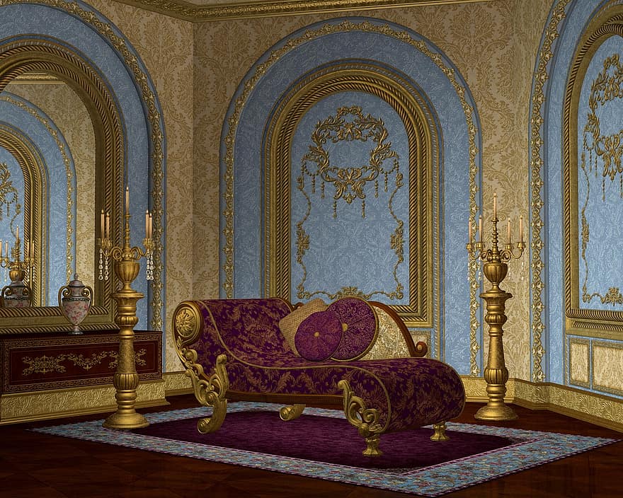 Богато украшенная комната, шезлонг, интерьер, роскошь, витиеватый, посадка, номер, сиденье, стена, коричневая стена, Коричневая комната