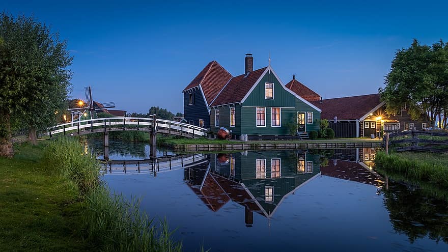 Fazenda, ponte, moinho, reflexão, tarde, de praia, verão, natureza, amesterdão, Países Baixos