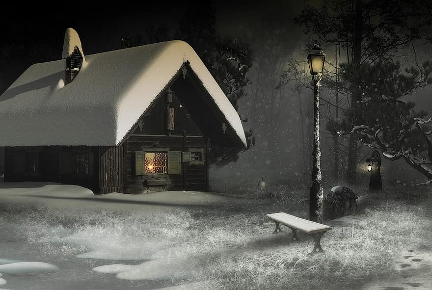 fundo, fantasia, inverno, casa, Lanterna de neve de paisagem, mulher, banco, leve