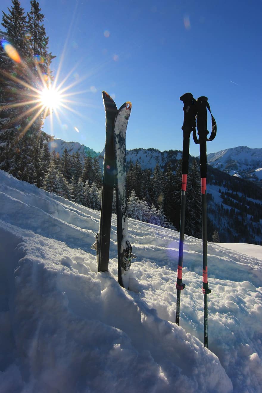 slidinėjimas, sniegas, žiemą, slidinėjimo poliai, lazdos, kraštovaizdį, lauke, Alpės, kalnai, pobūdį, saulė