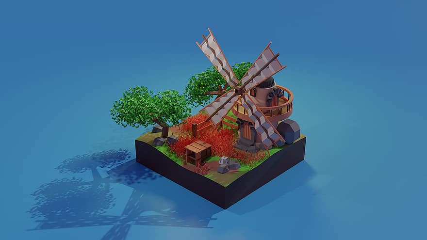 Moulin à vent, jeu, Rendu 3d, jeu vidéo, arbre, illustration, bleu, saison, été, cadeau, eau