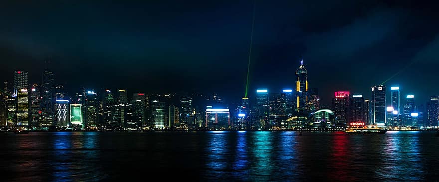 홍콩, 시티, 밤, 건물들, 도시의 불빛, 고층 빌딩, 야간 조명, 관광, 도심, 도시의, 마천루