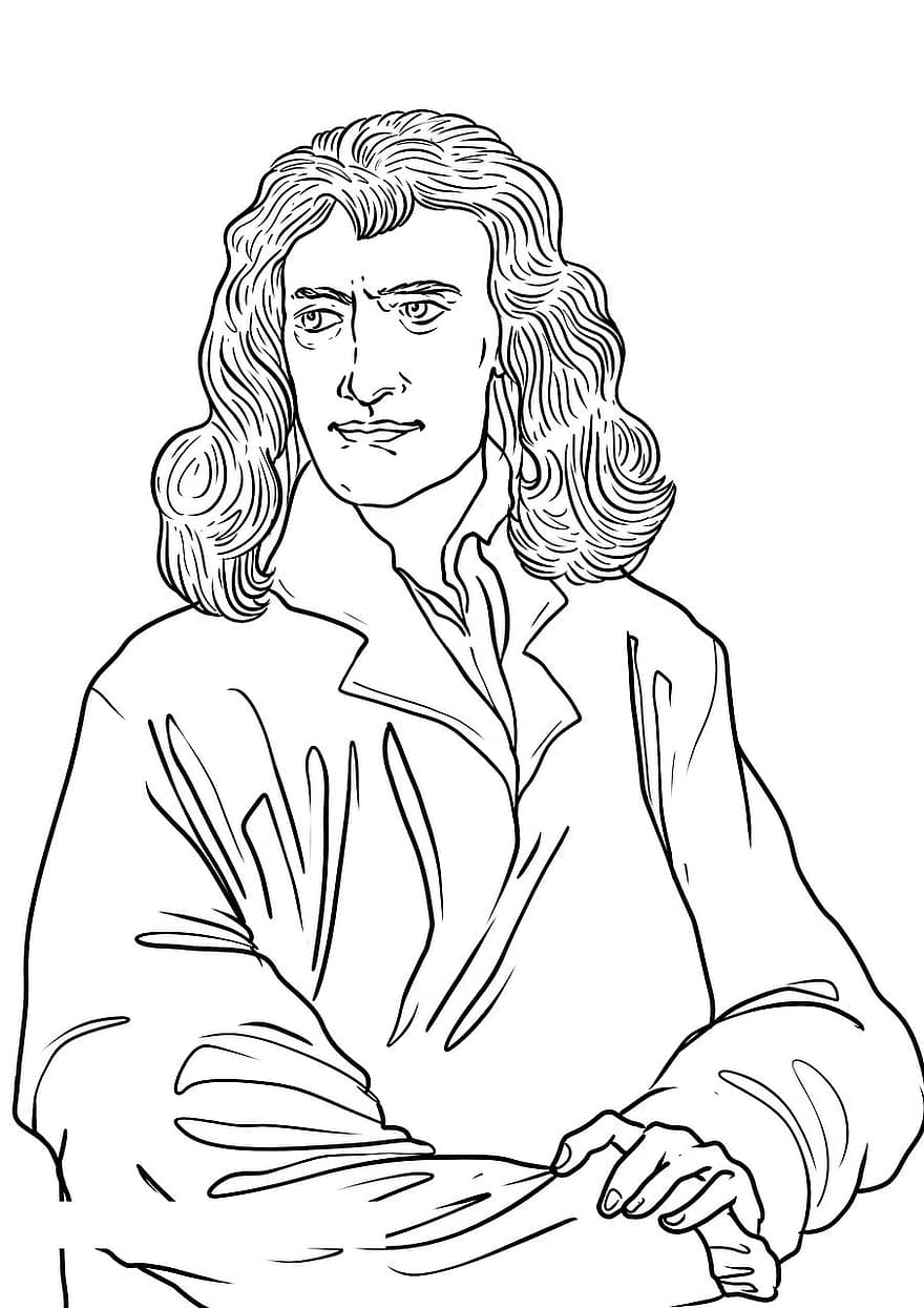 Newton, Īzaks Ņūtons, zīmējums, smagums, izgudrotājs, domātājs, portrets, vīrietis, cilvēks, matemātiķis, zinātnieki