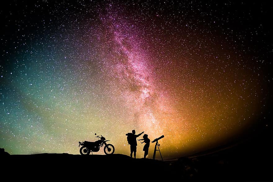 skywatch, pora, meilė, motociklas, aurora, dangus, mergina, vyras, teleskopas, naktinis laikrodis, naktinis dangus