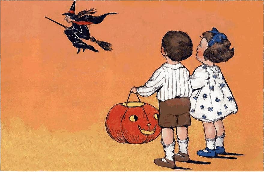 bruixa, Halloween, nens, carbassa, sorpresa, por, vintage