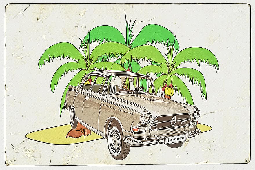 старинная машина, транспортное средство, автомобиль, Открытка с плакатом, пальмовые деревья, поездка
