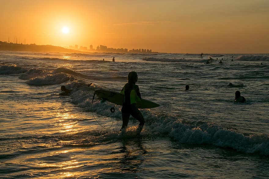 Mann, surferen, Strand, solnedgang, silhouette, borde, surfing, hav, sommer, punta del este, vann