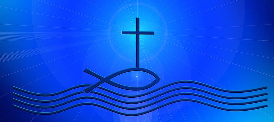 宗教、イエス、洗礼、信仰、魚、波、クロス、イエス・キリスト、キリスト教、キリスト、神