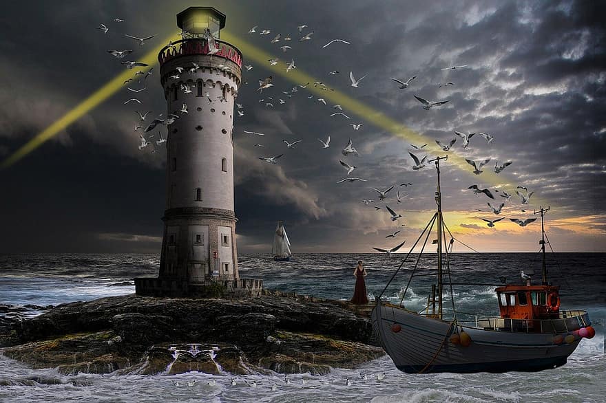 Lighthouse, Ship, Sea, Fantasy, Storm, Birds, Seagulls, Woman, Nostalgia, Fear, Seek