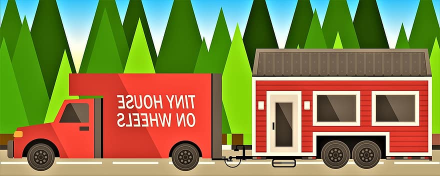 Casa minúscula, cena, clip art, Tiny House On Wheels, casa móvel, veículo, caminhão, vermelho