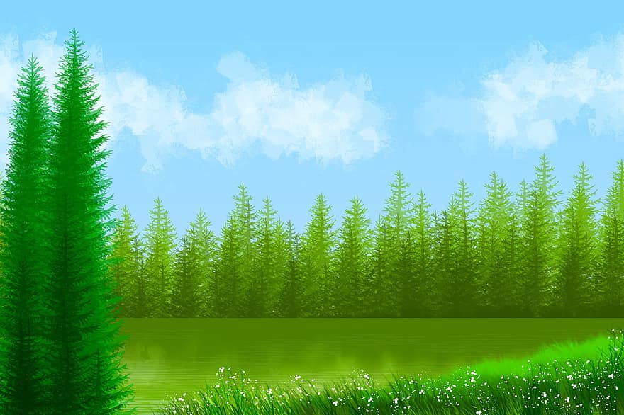 Nature, Trees, Outdoors, Drawing, Sketch, Background, Art, Plants, Sky, Clouds, Environment