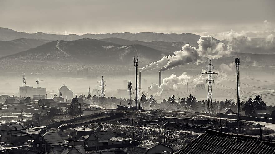fàbrica, ciutat, smog, indústria, generació de combustible i energia, medi ambient, Pol · lució, xemeneia, fum, estructura física, blanc i negre