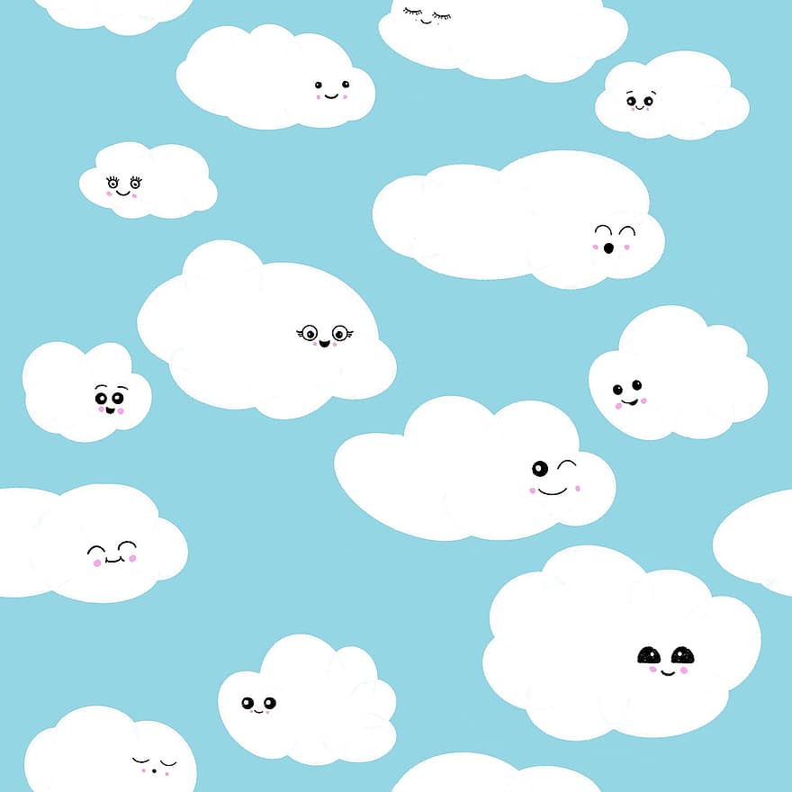 mraky, modrý, kawaii, šťastný, zápisníku papír, vzor, panda