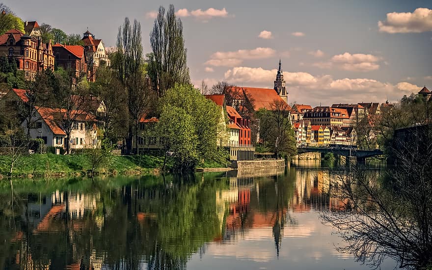 River, Trees, Town, Village, Old Town, Old Village, Houses, Architecture, Townscape, Bridge, Mirroring
