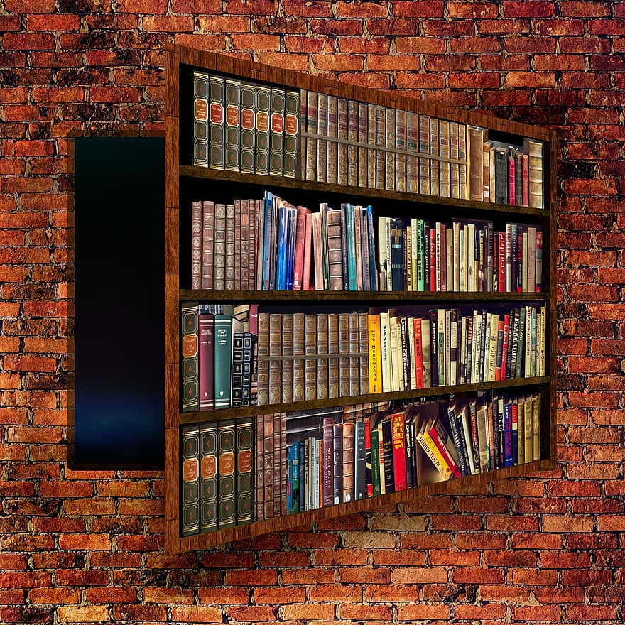 bokhylla, hemlighet, passage, rum, Panik rum, vägg, böcker, hyllor, bok, text, litteratur