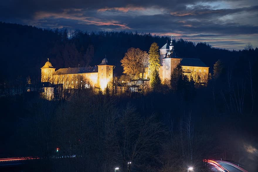 castelo, histórico, viagem, turismo, noite, arquitetura, crepúsculo, iluminado, Sombrio, cristandade, lugar famoso