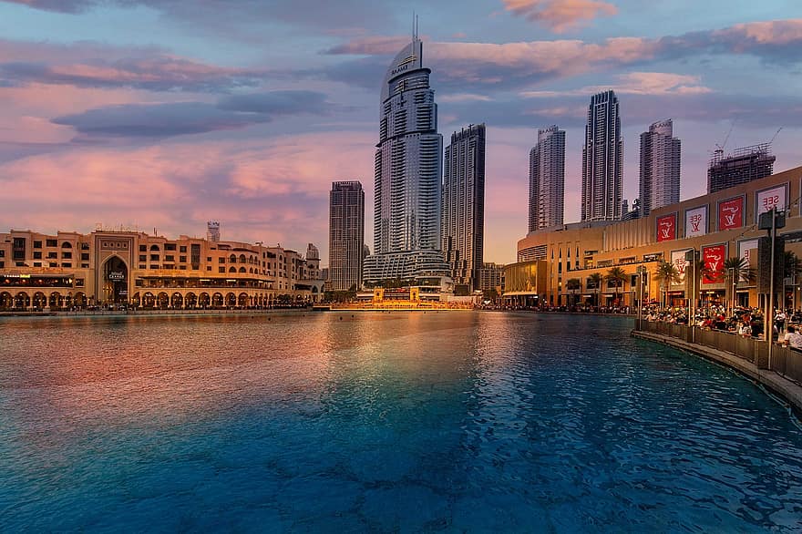 Burj Khalifa, város, napnyugta, dubai, építészet, uae, felhőkarcoló, éjszaka, szürkület, városkép, híres hely