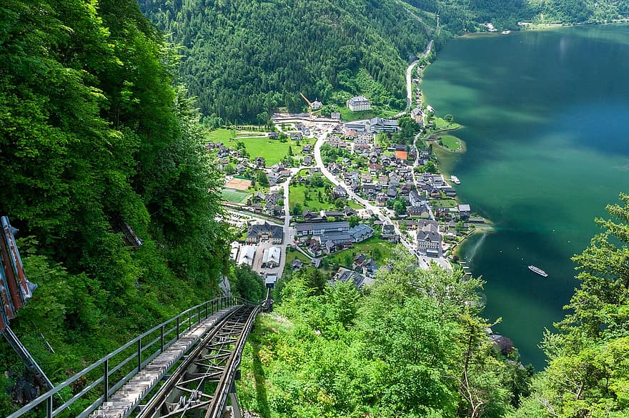 ทางรถไฟ, ตัวเมือง, หมู่บ้าน, ภูเขา, หุบเขา, ทะเลสาป, ออสเตรีย, Hallstatt, ท่ีใช้เชือกลาก, ธรรมชาติ, กลางแจ้ง