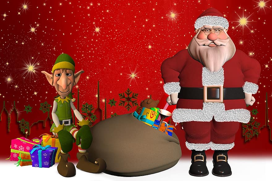 Noel Baba, on bir, cin, şekil, Hediyeler, peri masalı, kulaklar, Noel, yeşil, fantezi, kırmızı