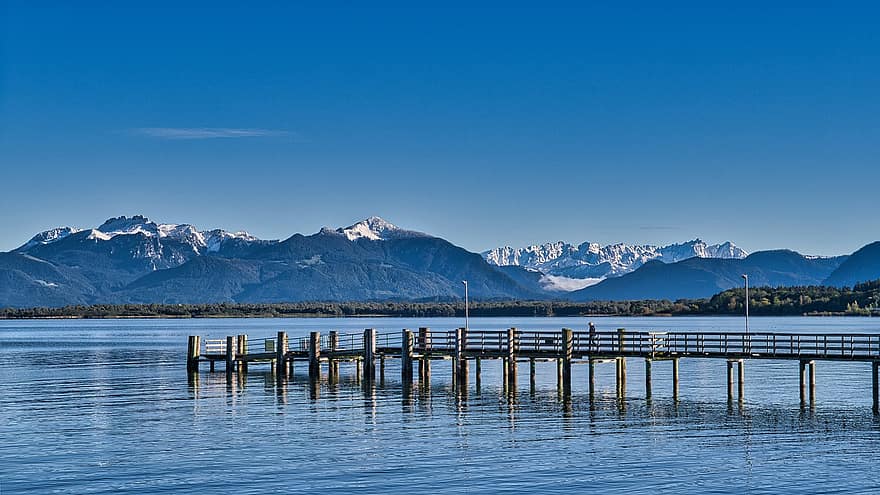 Lac, Dock, la nature, jetée, eau, les montagnes, chaîne de montagnes, campagne, paysage, Chiemgau, Chiemsee