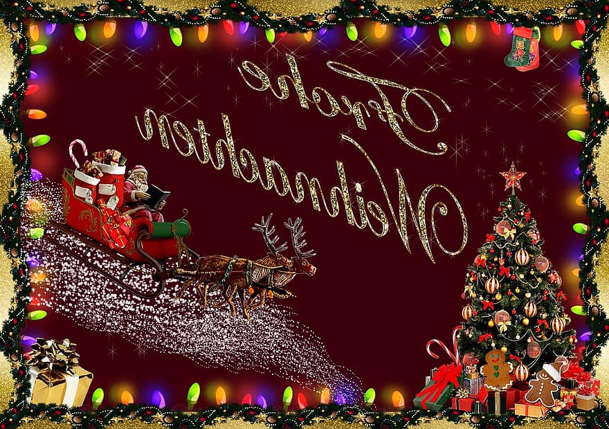 рождество, Рождественская открытка, рождественское приветствие, красный, счастливого Рождества, северный олень, горка, Дед Мороз