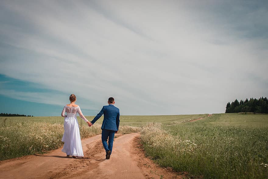 coppia felice, foto del matrimonio, sposa e sposo, a piedi, passeggiando, i campi, prato, skyscape, sposi, tenersi per mano, sposato