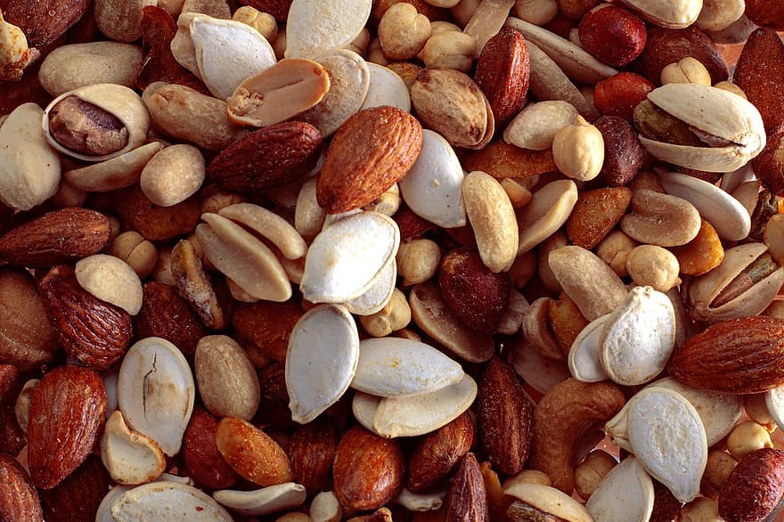 pähkinät, siemenet, mantelit, pistaasipähkinät, sekoittaa, ruoka, terve, välipala, maapähkinät, hedelmä, ainesosa