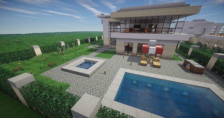 Minecraft, bassin, architecture, architecture moderne, maison moderne, extérieur, journée