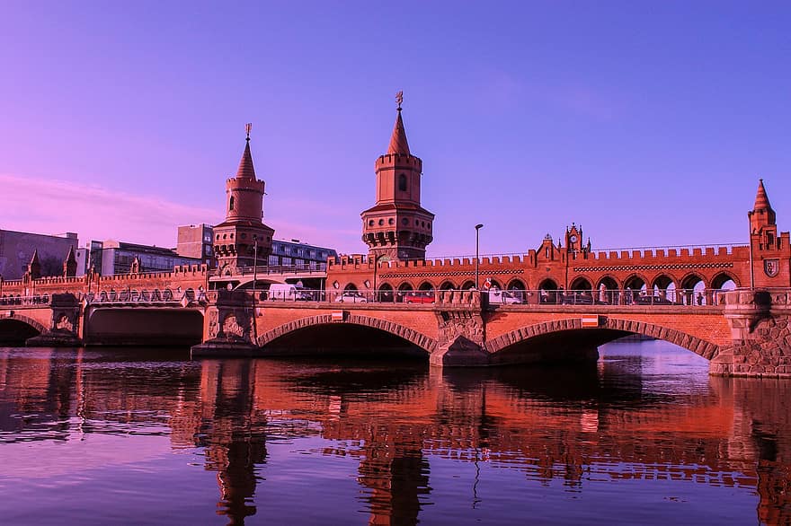 brug, rivier-, berlijn, architectuur, reflectie, water, mijlpaal, historisch, gebouwen, stedelijk, stad