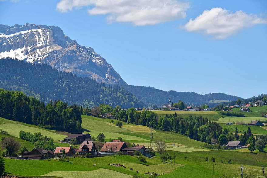 hus, hytter, landsby, trær, skog, fjellene, Entlebuch, Sveits