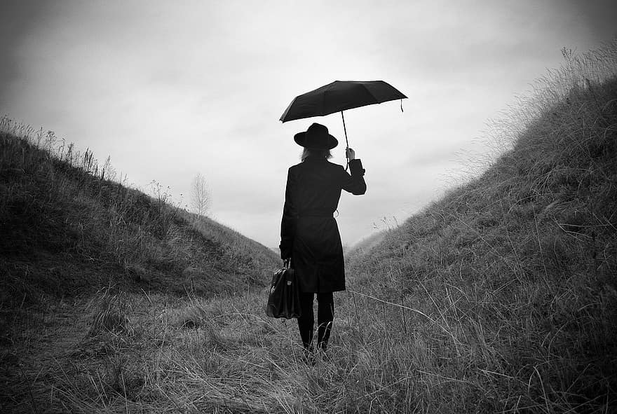 Woman, Mysterious, Traveler, Alone, Female, Umbrella, Gloomy, Countryside, Outdoors