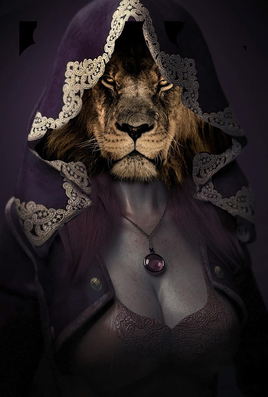 femme, Lion, composition, cheveux, mystérieux, fantaisie, Conte de fée, mystique, prédateur, chaîne, monstre