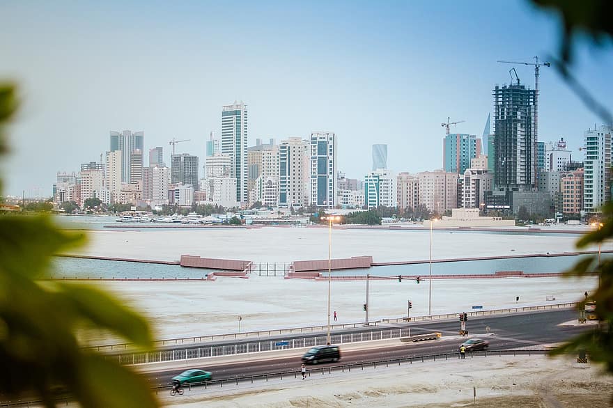 prédios, arranha-céus, skyline, costa, de praia, cidade, arquitetura, Bahrein, país, manama, estrada