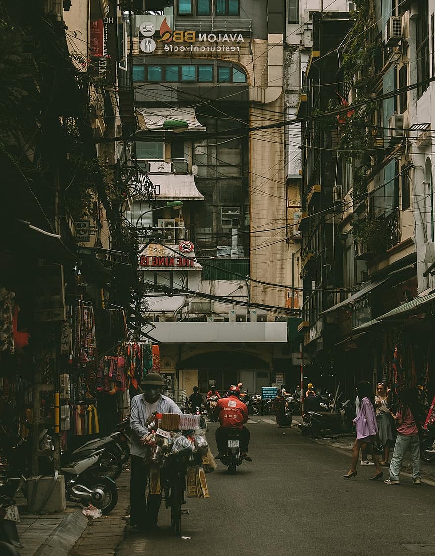 ulica, Budynki, ludzie, Miasto, miejski, rynek, aleja, przewody zasilające, Fotografia uliczna, podróżować, Hanoi