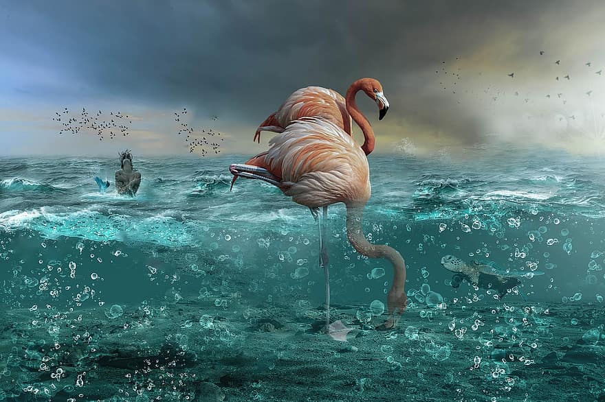 Flamingo, Mermaid, Sea, Ocean, Waves, Underwater, Fantasy, Composing
