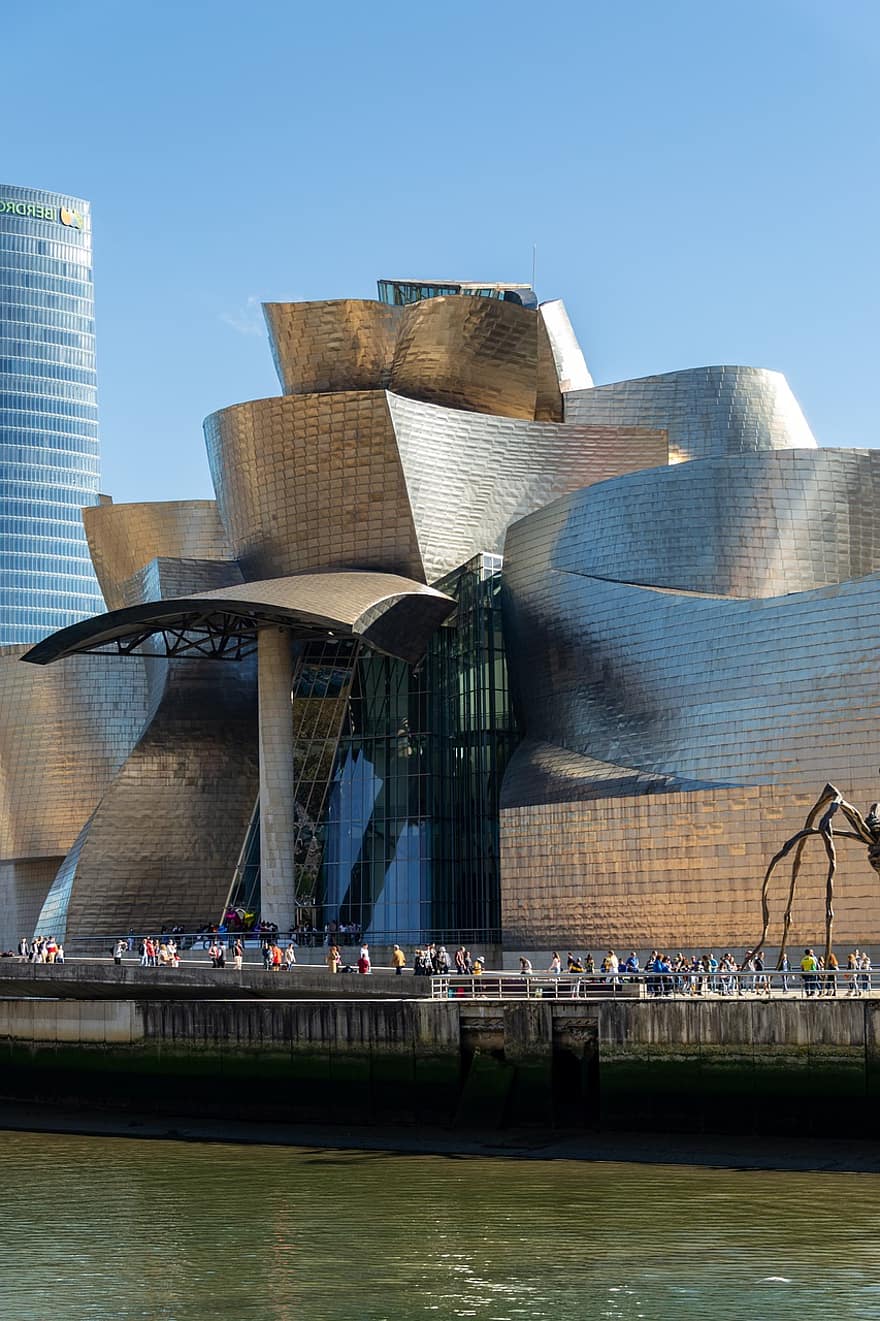 épület, folyó, modern, múzeum, Guggenheim, bilbao, építészet, város, Művészet