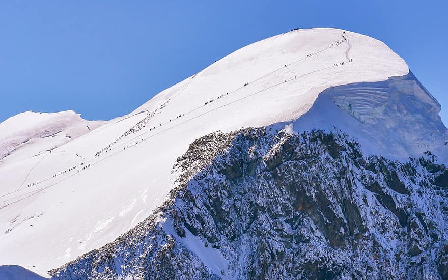 Glacier, High Mountain Tour, Breithorn 4164 M, Mountain Tourism, Rope Teams, Climbing The Summit, High Mountains, Summit, Alps, Alpine, Valais