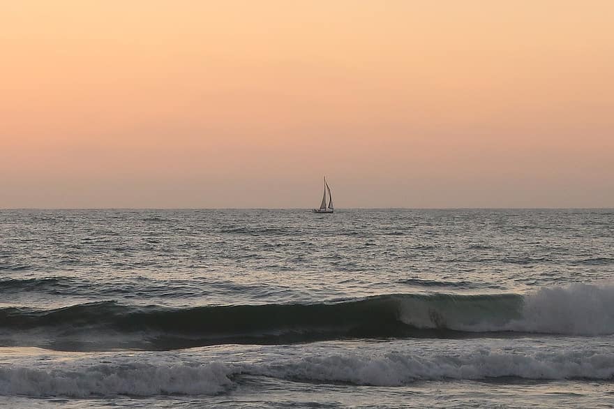 bateau, mer, le coucher du soleil, voile, voilier, bateau à voile, vagues, océan, eau, horizon, ciel