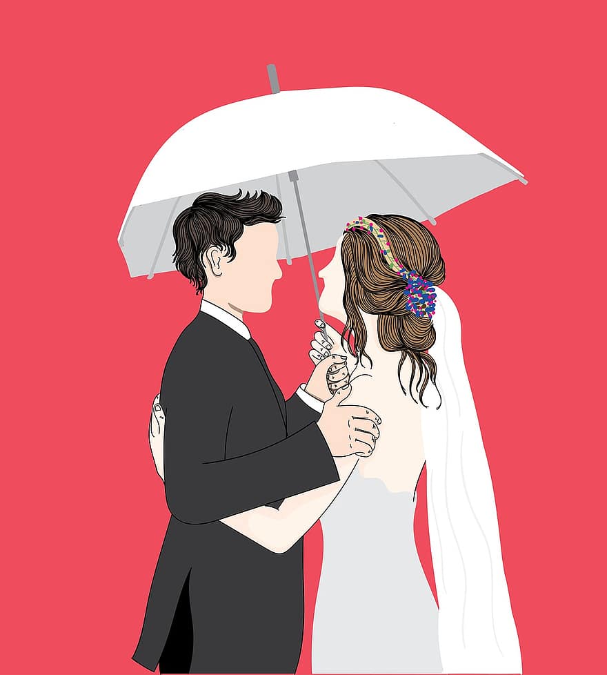Wedding, Couple, Umbrella, Romantic, Love, Valentine, Romance, Beautiful, Happy, Woman, Man
