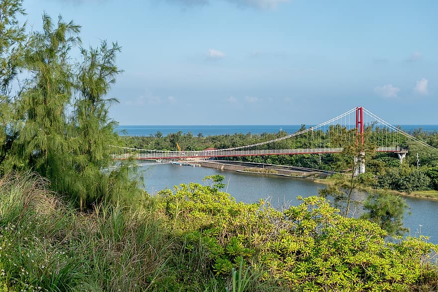puente colgante, río, arboles, puente, agua, horizonte, cielo, nubes, Taiwán, arquitectura, suspensión