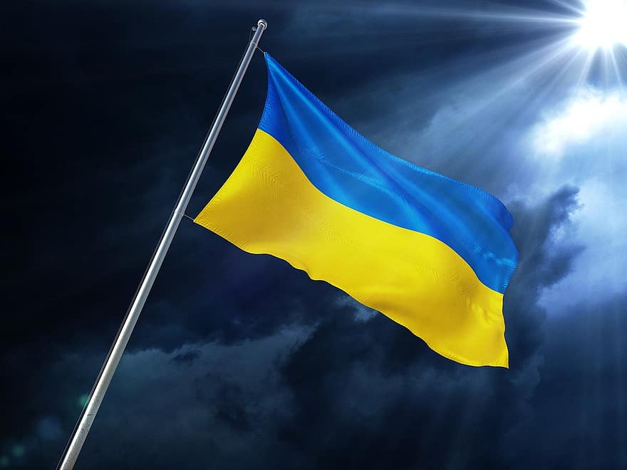 Ukraina, flaga, transparent, pokój, niebo, słońce, światło słoneczne, patriotyzm, niebieski, symbol, latający
