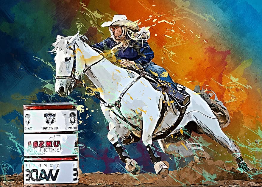 cheval, cowgirl, baril, rodeo, occidental, femme, animal, trot, la vitesse, équitation