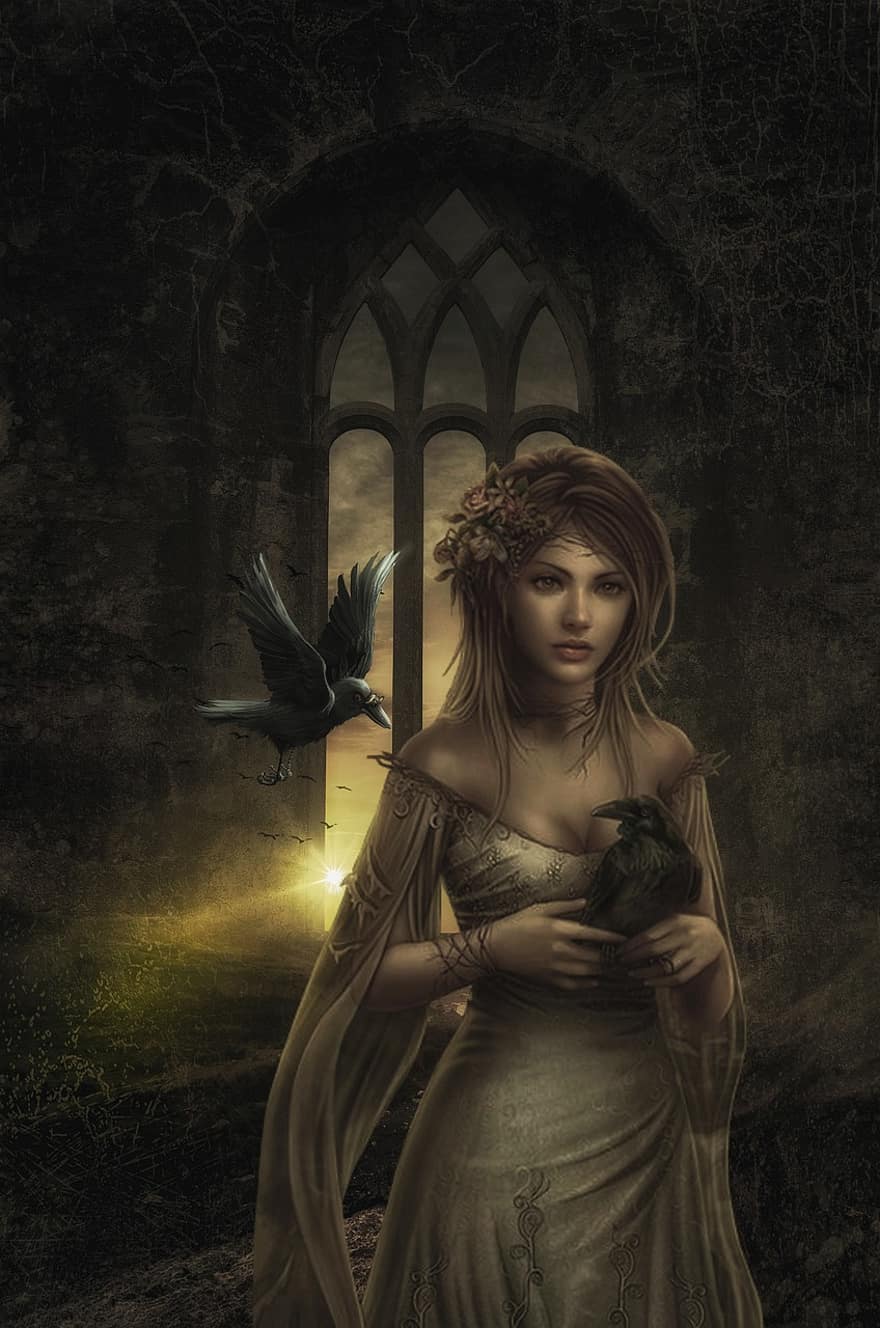 Woman, Crow, Bird, Window, Sun, Magic, Art, Mysterious