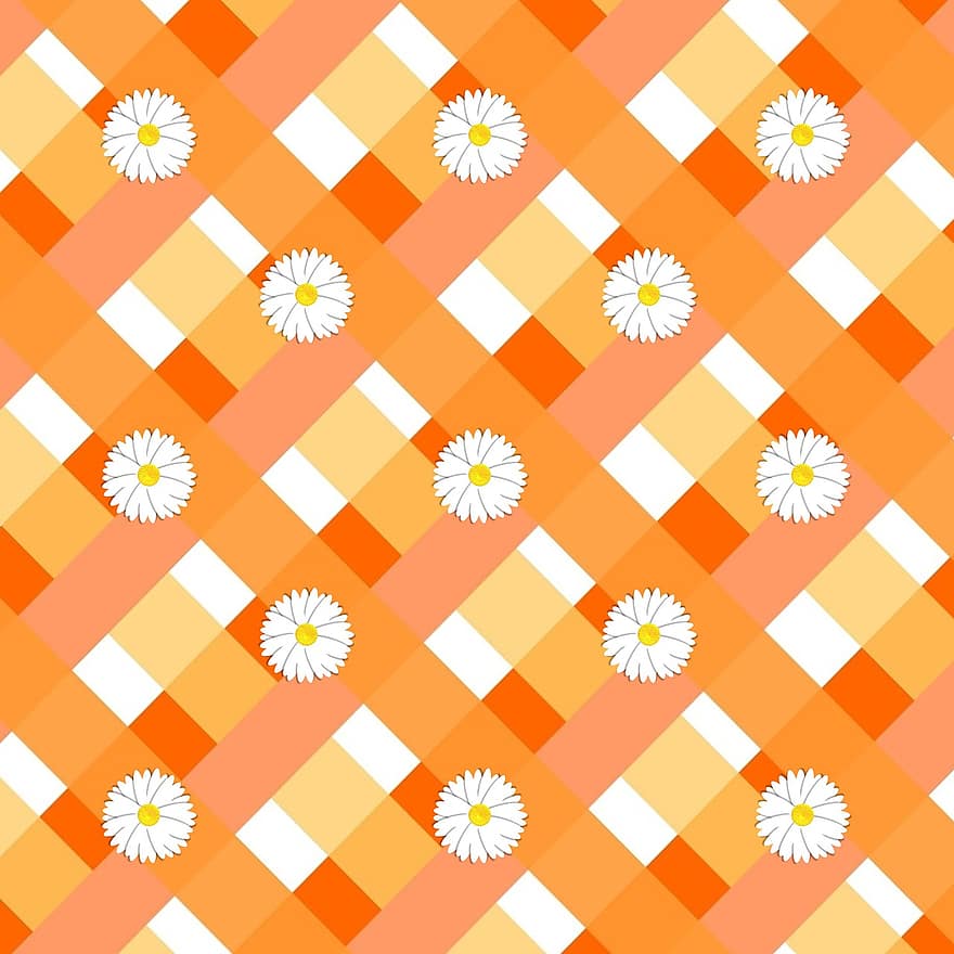 оранжев, нюанси, памучен плат на райета, маргаритки, модел, геометричен, диагонал, линии, маргаритка, бял, жълт
