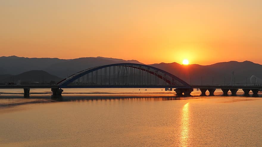 bro, flod, bergen, sjö, stråle, strukturera, korsning, Soyanggangfloden, natur, landskap, läskunnighet bro 2