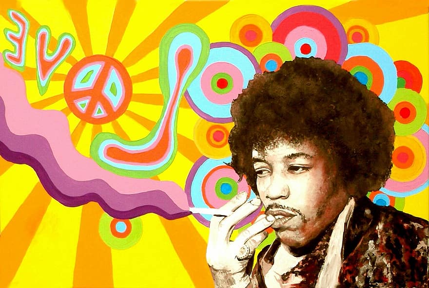 Jimi Hendrix, hipis, pokój, miłość, muzyka, purpurowa mgiełka, kolorowy, woodstock, festiwal, sztuka, oryginalny