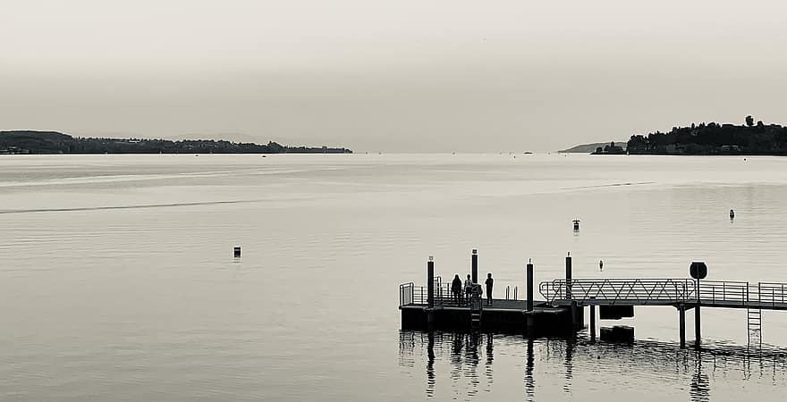 jetée, Lac, lac de constance, noir et blanc, Dock, eau, réflexion, la nature, Sipplingen